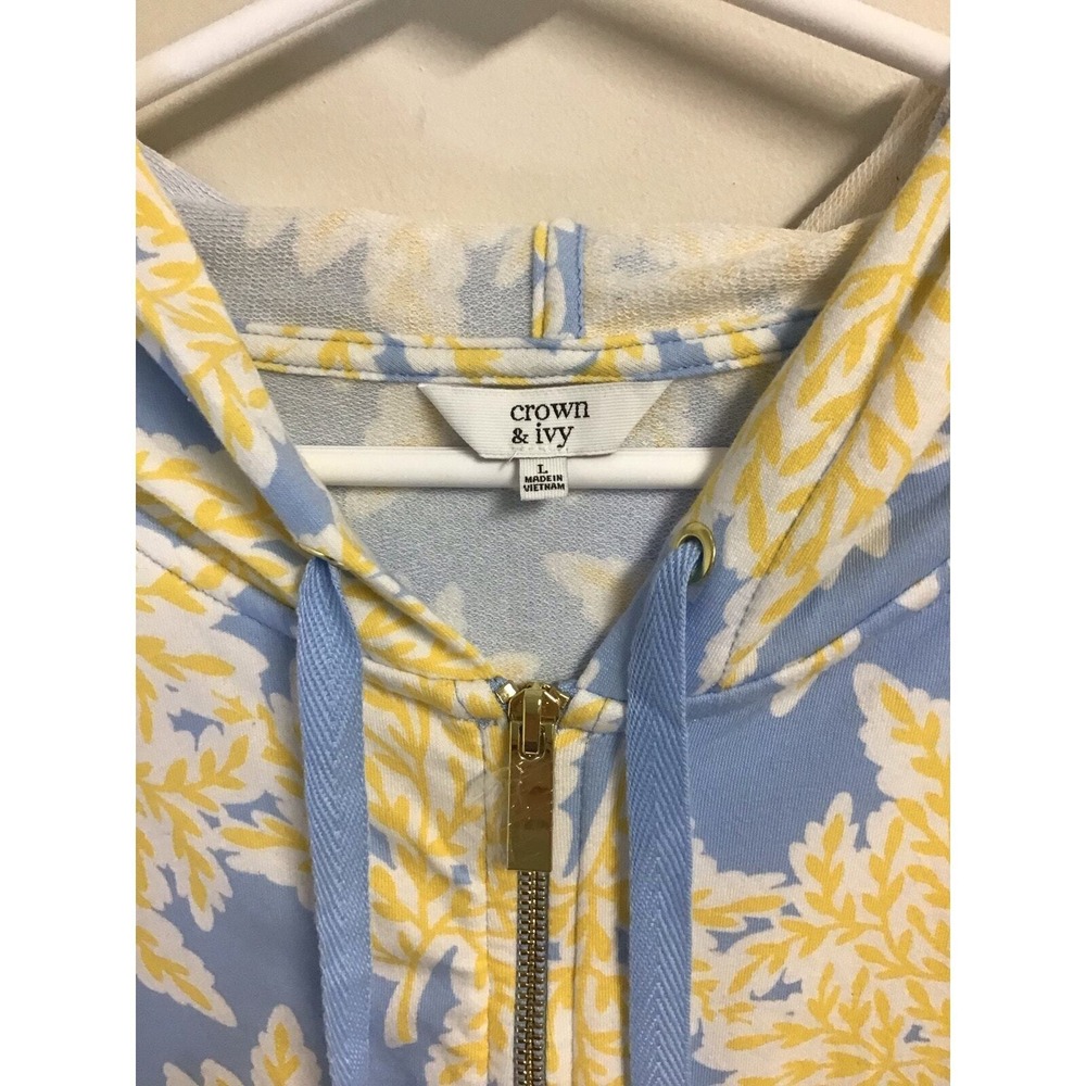 Crown & Ivy Yellow & Blue Floral Print Hooded Jacket Womens Size Large - Picture 4 of 6